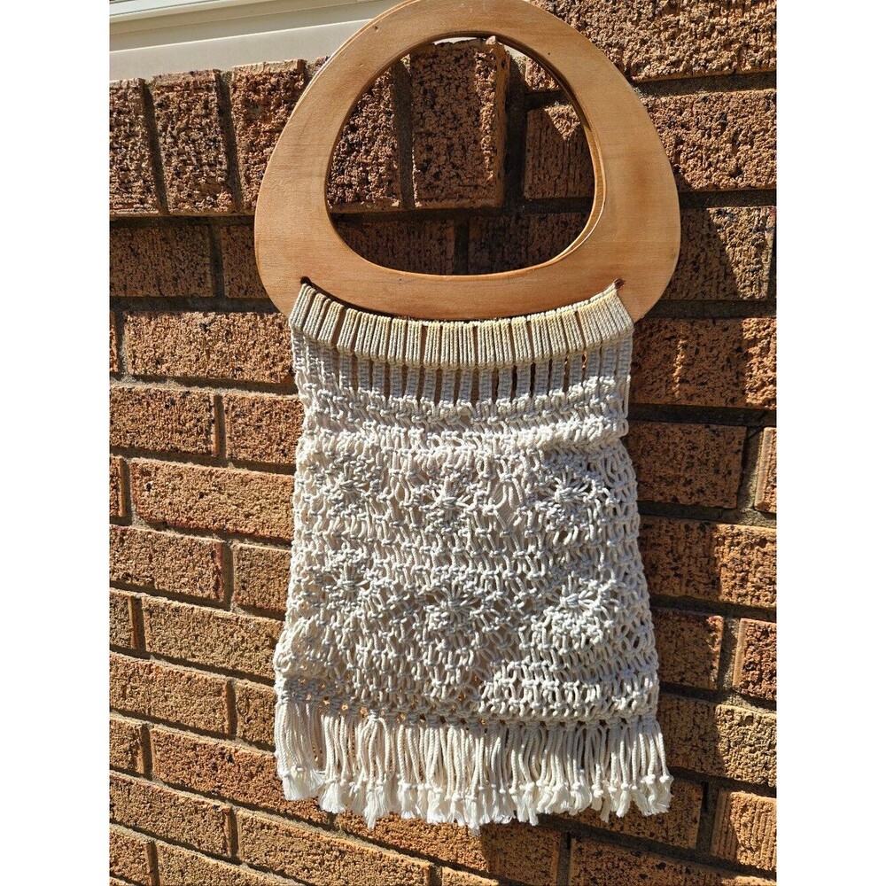 Vintage Handmade Macramé Boho Tote Bag with Wooden Handles – Made in Philippines